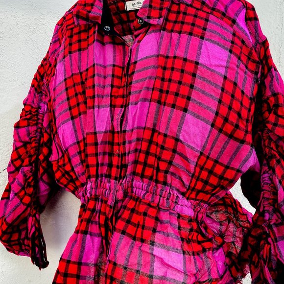 New Free People "Pacific Dawn" Medium Red Plaid Button up Top - Picture 4 of 12